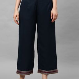 Indo Era Women Navy Blue Hem Design Straight Palazzos-image-64