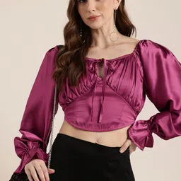 HERE&NOW Tie-Up Neck Smocked Pleated Satin Finish Corset Crop Top-image-37
