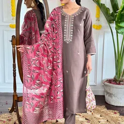 PARNAVI Floral Embroidered Sequinned Straight Chanderi Cotton Kurta With Trouser & Dupatta-image-49