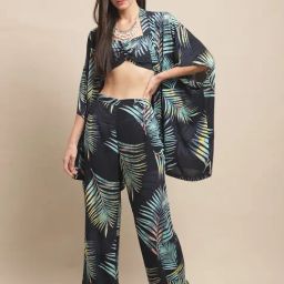 Claura Navy Printed Crop Top Pyjama With Robe Beachwear Set-picture-18