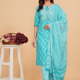 KALINI Women Leheriya Embroidered Regular Thread Work Pure Cotton Kurta with Trousers & With Dupatta-14