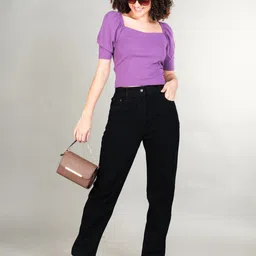 The Roadster Lifestyle Co. Purple Puff Sleeve Fitted Top-image-70