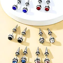 The Roadster Lifestyle Co Men Set Of 6 Stainless Steel Artificial Stones Studded Studs-5