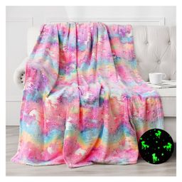 HAPPY HUES Glow in The Dark Unicorn Bedroom Decor Travel Lightweight Throw Blankets Rainbow - Multcolor-24