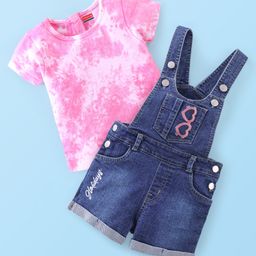 Babyhug 100% Cotton Jersey Knit Medium Washed Dungaree with Half Sleeves Tee Tie Dye Print - Pink & Blue-image-5