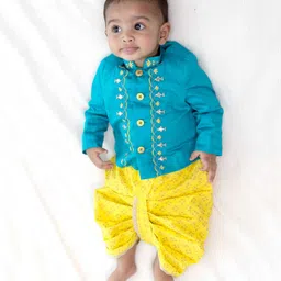 Tiber Taber Pure Cotton Full Sleeves Bandhgala Embroidered Kurta & Dhoti Set - Blue-picture-19