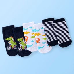 Cute Walk By Babyhug Anti Bacterial Ankle Length Socks Striped & Dino Design Pack Of 3 - Blue & White-image-91