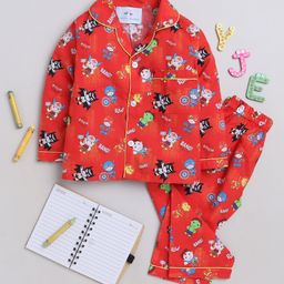 Knitting Doodles Premium Cotton Full Sleeves Fire Superheros Printed Coordinating Night Suit - Red-image-80