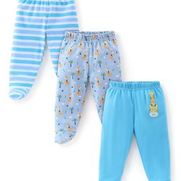 Babyhug Cotton Full Length Bootie Leggings Stripes & Giraffe Print Pack Of 3- Blue-image-81