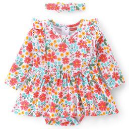 Babyhug 100% Cotton Knit Full Sleeves Frock Style Onesie with Headband Floral Print - Multicolour-image-95