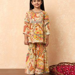 READIPRINT Three Fourth Sleeves Floral Printed Lace Embellished Coordinating Kurta & Sharara - Beige-picture-16