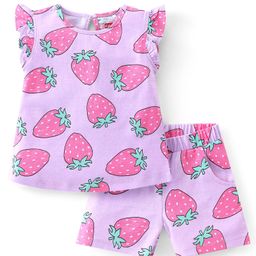 Babyhug Cotton Knit Sleeveless Night Suit With Strawberry Print - Purple-image-99