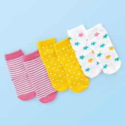 Cute Walk by Babyhug Anti Bacterial Ankle Length Socks Striped Polka Dot & Star Design Pack of 3 - Pink Yellow & White-picture-9