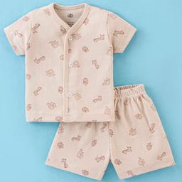 Zero Sinker Knit Half Sleeves Night Suit With Animals Print - Beige-picture-26