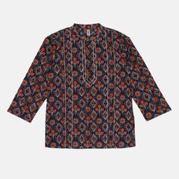 Kiddopanti 100% Cotton Full Sleeve Ethnic Motif Jaipuri Printed Short Kurta  - Blue & Orange-image-78