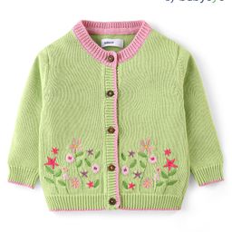 Babyoye 100% Cotton Solid Dyed Full Sleeves Front Open Sweater Floral Embroidery - Lime Green-image-77