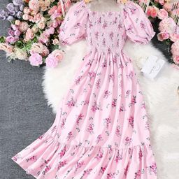 Bolly Lounge Half Sleeves FloralPrinted SmockedDress - Pink-image-83