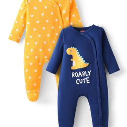 Babyhug Cotton Knit Full Sleeves Sleep Suits With Star & Dino Print Pack of 2 - Navy Blue & Yellow-image-77