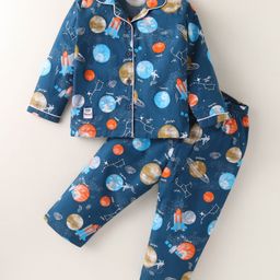 Enfance Core Cotton Woven Full Sleeves Space Theme Printed Coordinating Night Suit Set - Blue-image-52