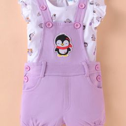Tango Looper Knit Penguin Patched Dungaree & Frill Sleeves Top with Penguin Print - Mauve & White-image-29