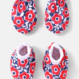 Babyhug 100% Cotton Knit Mittens & Booties with Floral Print - Red-picture-28