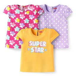 Babyhug Cotton Knit Half Sleeves T-Shirts with Polka Dots & Floral Print Pack of 3 - Lilac & Pink-image-98