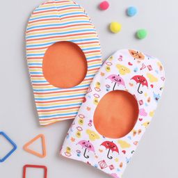 BUMZEE Interlock Knit Reversible Monkey Cap with Stripes & Umbrella Print Orange Pack Of 2 - Diameter 23.5 cm-picture-1