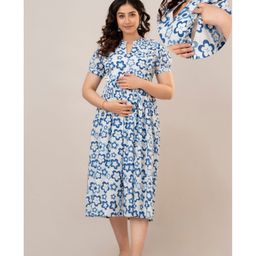 CeleBravo Cotton Half Sleeves Floral Printed Maternity Dress With Nursing Access - White & Blue-image-63