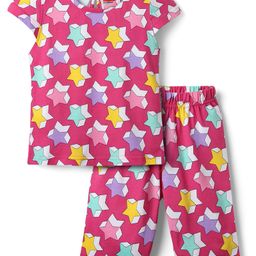 Babyhug Cotton Knit Cap Sleeves Capri Night Suit With Stars Print - Pink-image-47