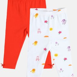 MINI KLUB Cotton Pack Of 2 Solid & Floral Printed Leggings - White & Red-image-46