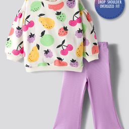 Bonfino 100% Cotton Knit Full Sleeves Oversized French Terry Sweatshirt & Legging Set With Tropical Theme Print - Lavender & Off White-picture-30