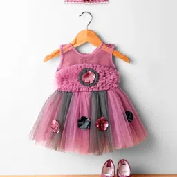 Enfance Sleeveless Floral Applique Detailed & Colour Blocked Knee Length Dress With Headband & Booties Set - Mauve-picture-45
