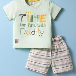Mini Donuts Cotton Knit Half Sleeves T-Shirt & Shorts with Stripes & With Daddy Text Print - Light Green-picture-10