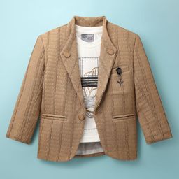 Dapper Dudes Full Sleeves Textured Blazer With Leaves Printed Tee Set - Brown-picture-9