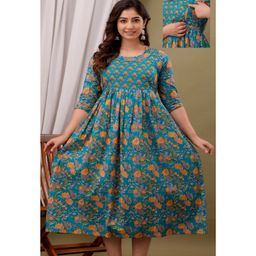 NEVISHA STYLE Cotton Woven Three Fourth Sleeves Floral Printed Maternity Dress With Side Seam Nursing Access - Sea Green-image-80
