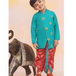 KID1 Cotton Woven Sleeveless Peacock Feather Embroidered & Floral Printed Dhoti Kurta Set - Green & Red-image-83