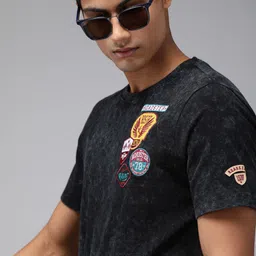 Roadster Men Black Solid Round Neck Pure Cotton T-shirt-image-6