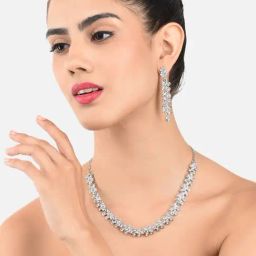 Zaveri Pearls Silver Tone Austrian Diamonds Leaf Twigs Necklace & Earring Set-ZPFK460-6