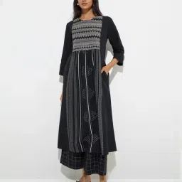 Utsa by Westside Black Embroidered Cotton-Blend A-Line Kurta-image-2