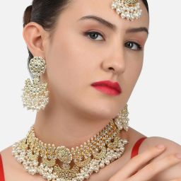 Zaveri Pearls Gold Tone Bridal Kundan Choker Necklace Earring Maangtikka & Ring Set-ZPFK11419 image 2