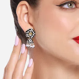 Zaveri Pearls Set of 2 Green & Black Enamel Stones & Beads Traditional Jhumki Earring-ZPFK16861 image 2