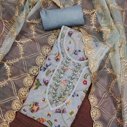 SHADOW & SAINING Floral Embroidered Beads & Stones Organza Unstitched Dress Material-image-36