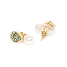 Zaveri Pearls Green Cubic Zirconia & Pearl Contemporary Brass Stud Earrings - ZPFK9511 image 2