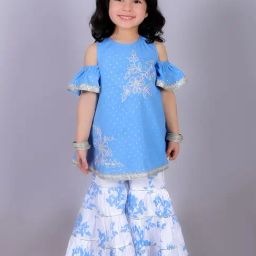 Lil Drama Kids Blue & White Embroidered Kurta with Gharara-image-8