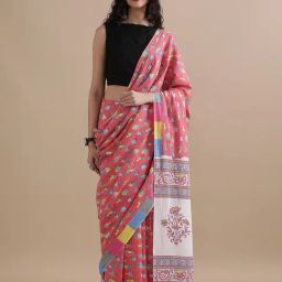 Jaipur Kurti Pink Mulmul Cotton Regular Fit Print Saree-image-69