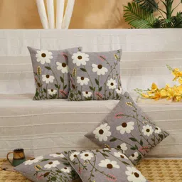 SOKNACK Grey & White 5 Pieces Floral Printed Cotton Square Shaped Cushion Covers-41