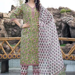 NAINVISH Floral Printed V Neck Straight Kurta with Trousers & Dupatta-17