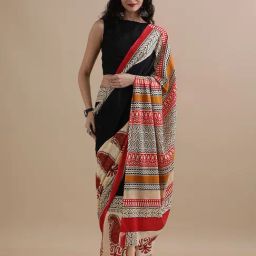 Jaipur Kurti Black Mulmul Cotton Regular Fit Print Saree-53