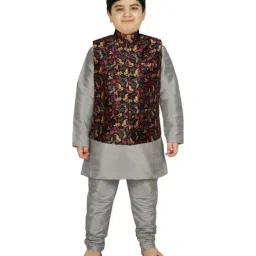 SG Yuvraj Kids Black & Grey Printed Full Sleeves Kurta Set-image-90