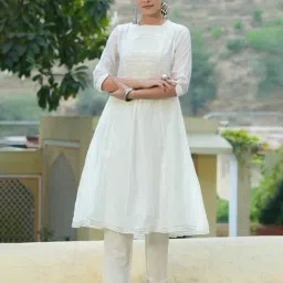 Juniper White Geometric Printed Chanderi A-Line Women Kurta With Mirror Work Embroidery-14